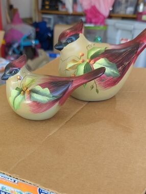 Hand-Painted Decorative Cardinal Figurines in Cream and Red - Set of 2